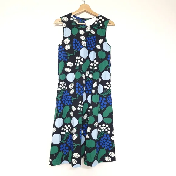 NWT Marimekko Sleeveless A Line Cotton Dress Black Fruit Motif. With pockets - Picture 2 of 12